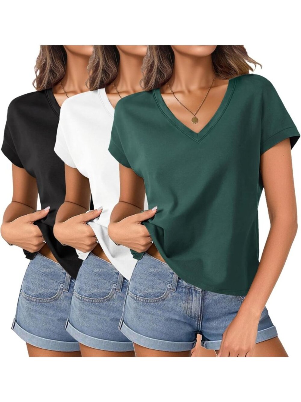 Women's Cotton V-Neck Boxy Crop Tee - Cap Sleeve Loose Fit Summer Top